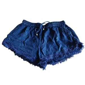 Raya Sun Large Linen Blend Chambray Raw Hem Embroidered Shorts